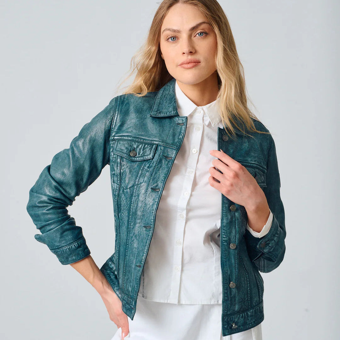 Image of Teal lambskin leather jacket styled with a classic shirt collar, button front, and denim inspired silhouette.