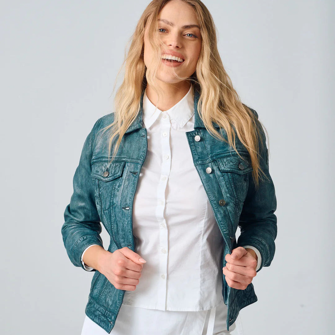 Image of Teal lambskin leather jacket with a shirt collar, button front, and timeless denim inspired styling.