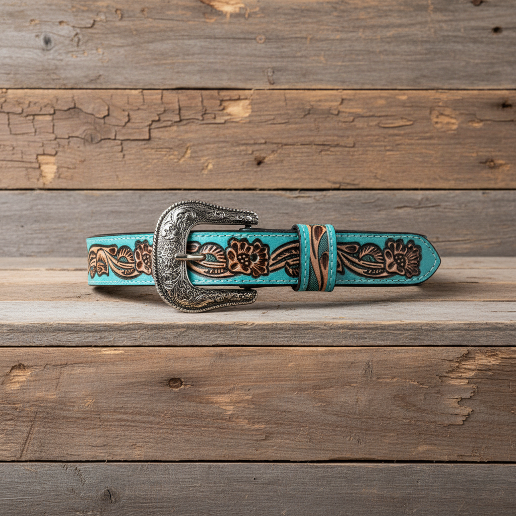 Image of Kids' Turquoise Hand-Tooled Leather Western Belt with Engraved Silver Buckle