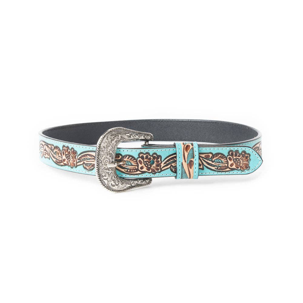 Image of Kids' Turquoise Hand-Tooled Leather Western Belt with Engraved Silver Buckle