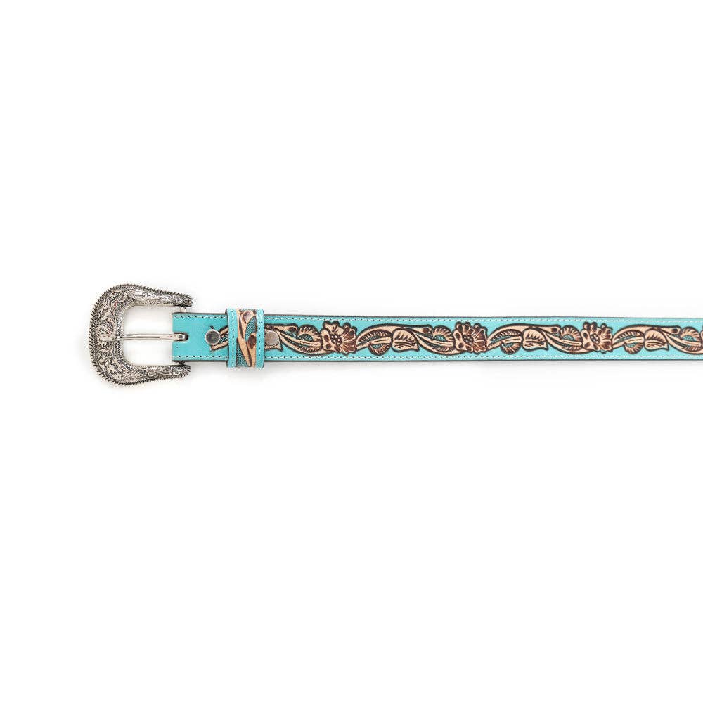 Image of Kids' Turquoise Hand-Tooled Leather Western Belt with Engraved Silver Buckle