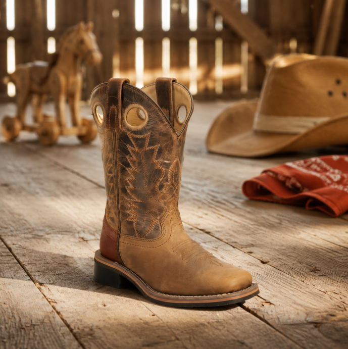Image of A tan leather cowboy boot with decorative western stitching stands on a rustic wooden floor. A matching cowboy hat, a red bandana, and a wooden rocking horse are blurred in the background.