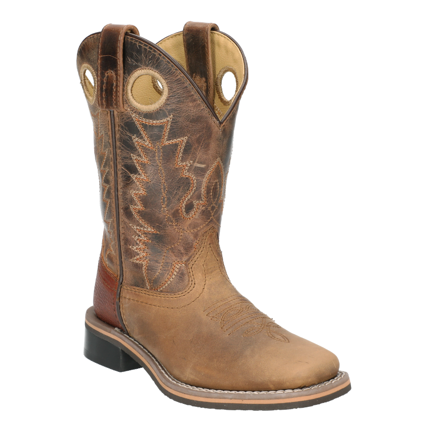 Image of A single brown western cowboy boot with decorative stitching, a square toe, and a low block heel, shown on a plain white background.