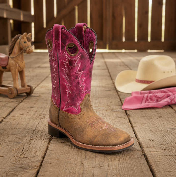 Image of A single western cowboy boot stands on a rustic wooden deck, with a matching pink bandana and a cream cowboy hat nearby, plus a small wooden horse toy in the background.