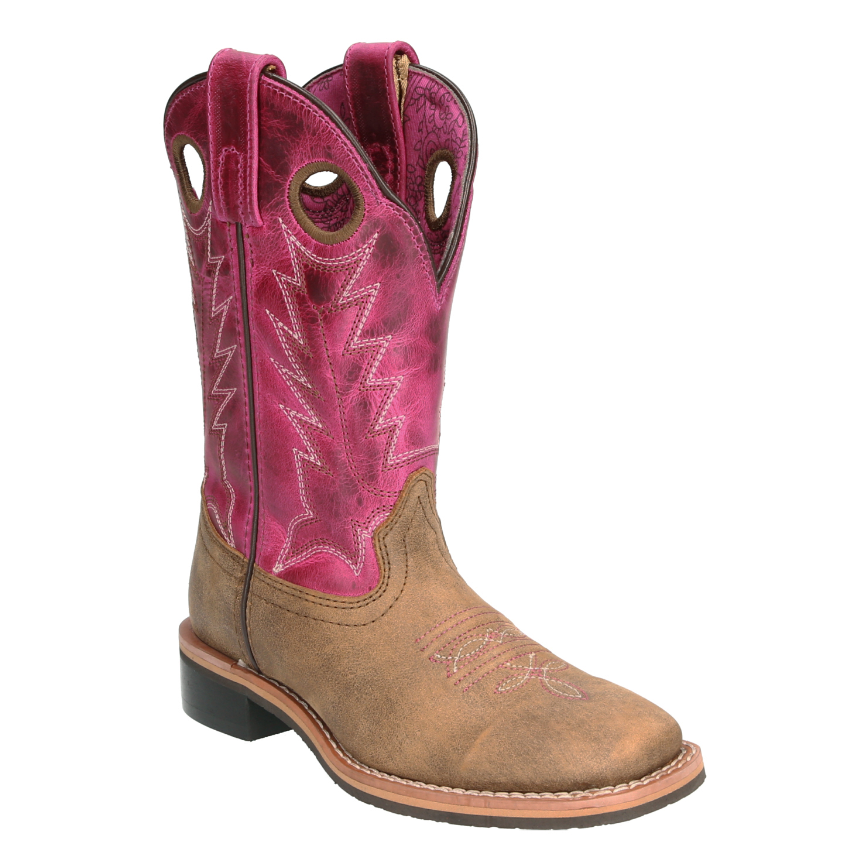 Image of A single western cowboy boot with a distressed brown leather lower shaft and foot, and a vibrant magenta-pink leather shaft featuring white embroidered star and zigzag patterns.