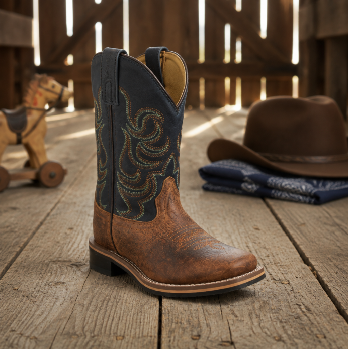 Image of A single cowboy boot stands on a rustic wooden floor, with a brown hat and blue bandana folded nearby and a wooden fence backdrop behind it. The boot has a dark navy shaft with embroidered western-style detailing and a brown leather foot.