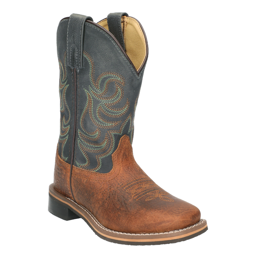 Image of Brown and blue cowboy boot on a white background