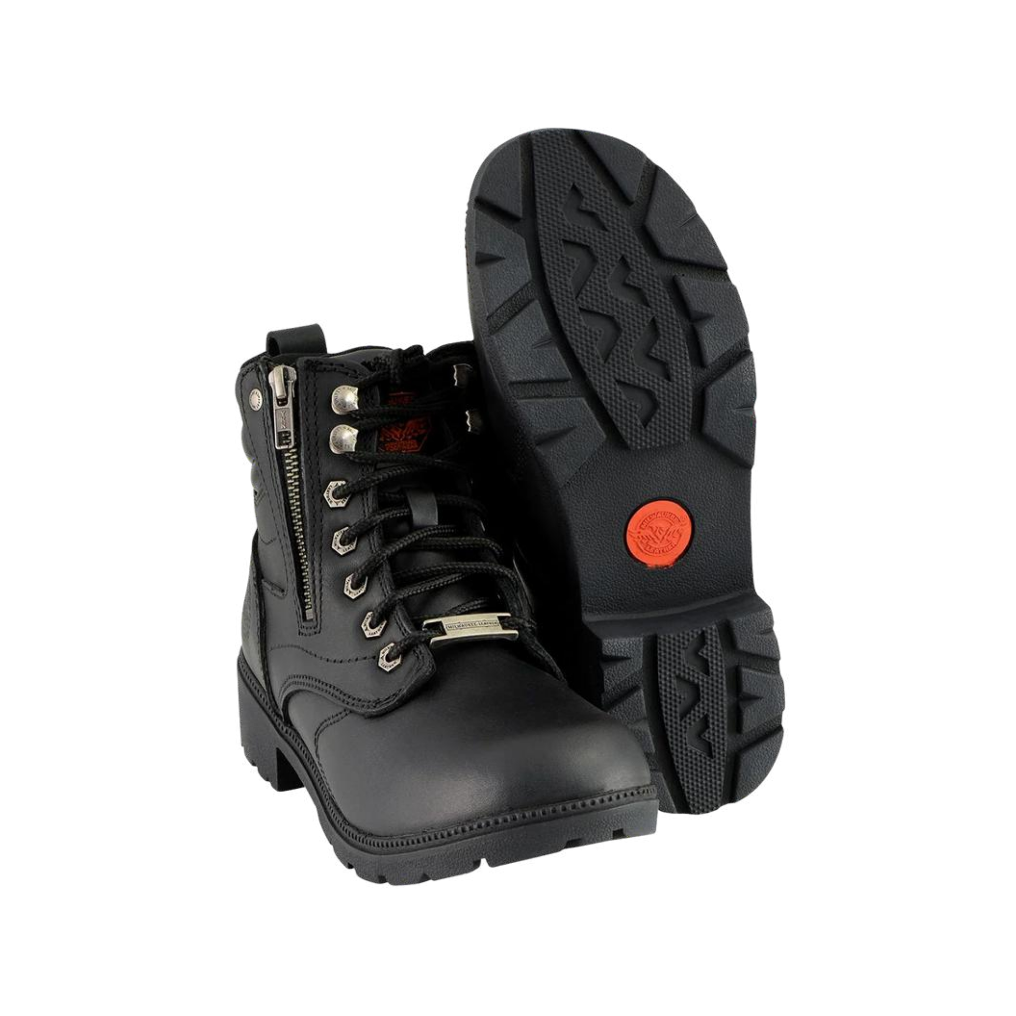 Image of Black boot with a red dot on a white background