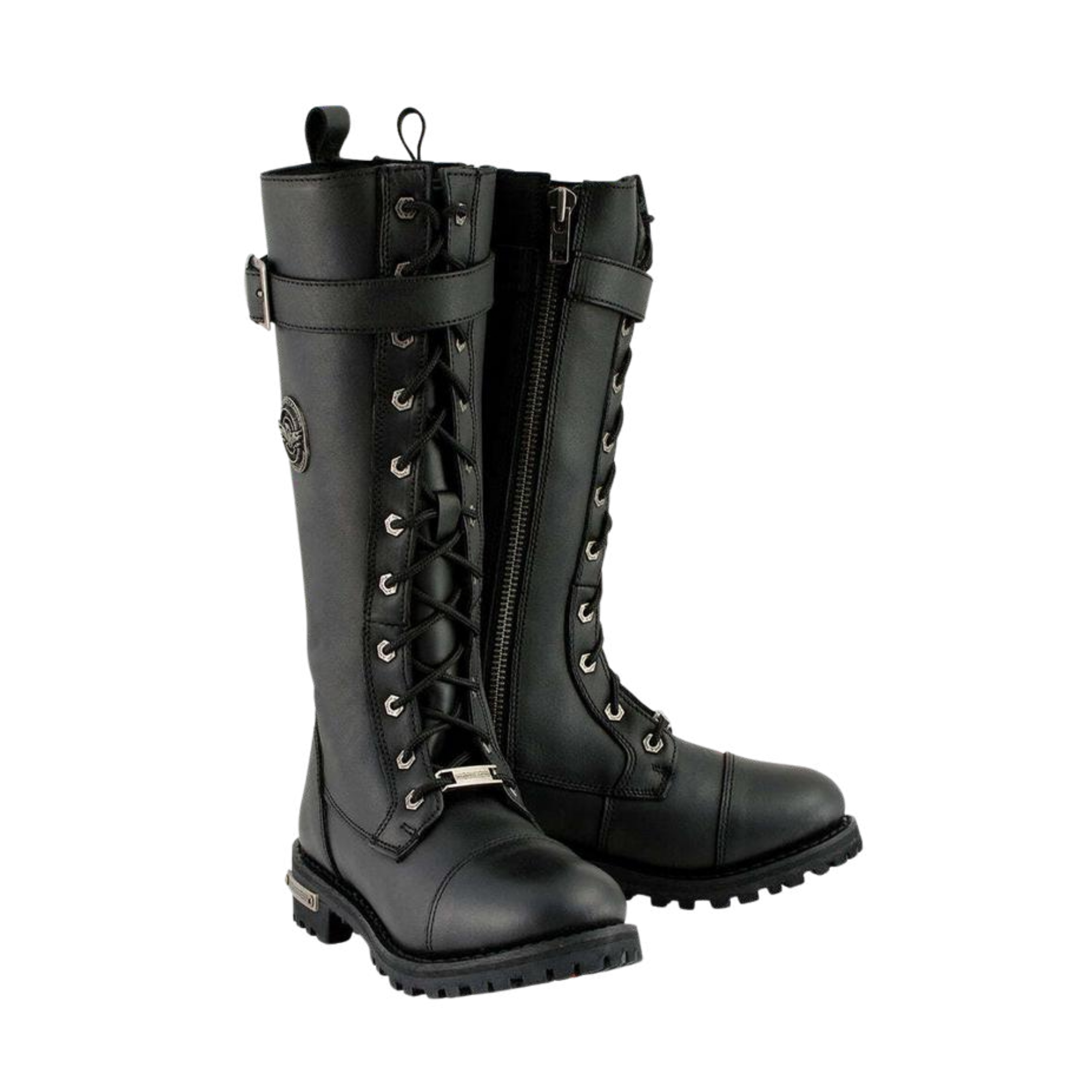 Image of Pair of black leather boots with zippers and laces on a white background