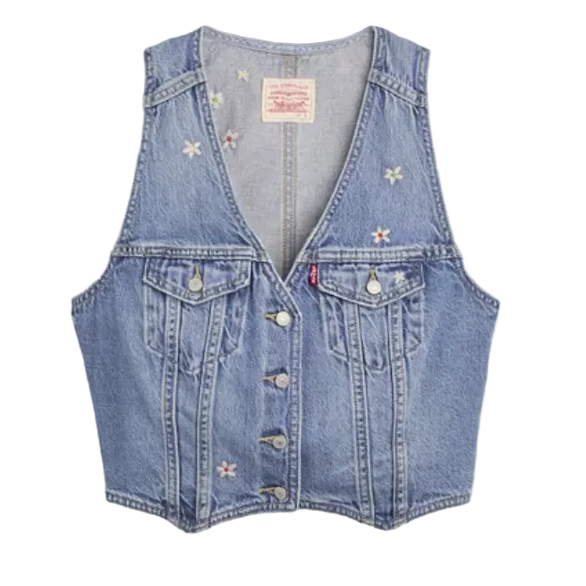 Image of Denim vest with floral embroidery on a light gray background