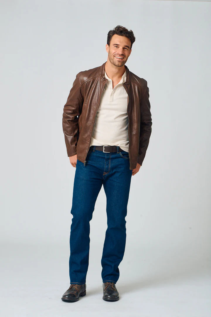Image of Man wearing a brown leather jacket, white shirt, blue jeans, and black shoes on a white background
