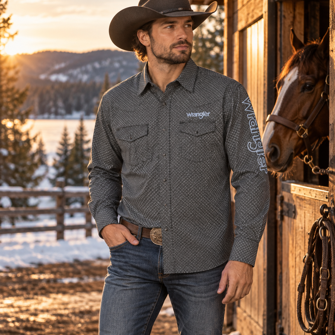 Image of A man wearing a Wrangler dark gray patterned long-sleeve button-down shirt, blue jeans, and a cowboy hat stands in front of a wooden stable with a horse at the door, during golden hour.