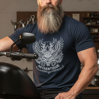 Image of Man with a beard sitting on a motorcycle wearing a blue t-shirt with an eagle design.