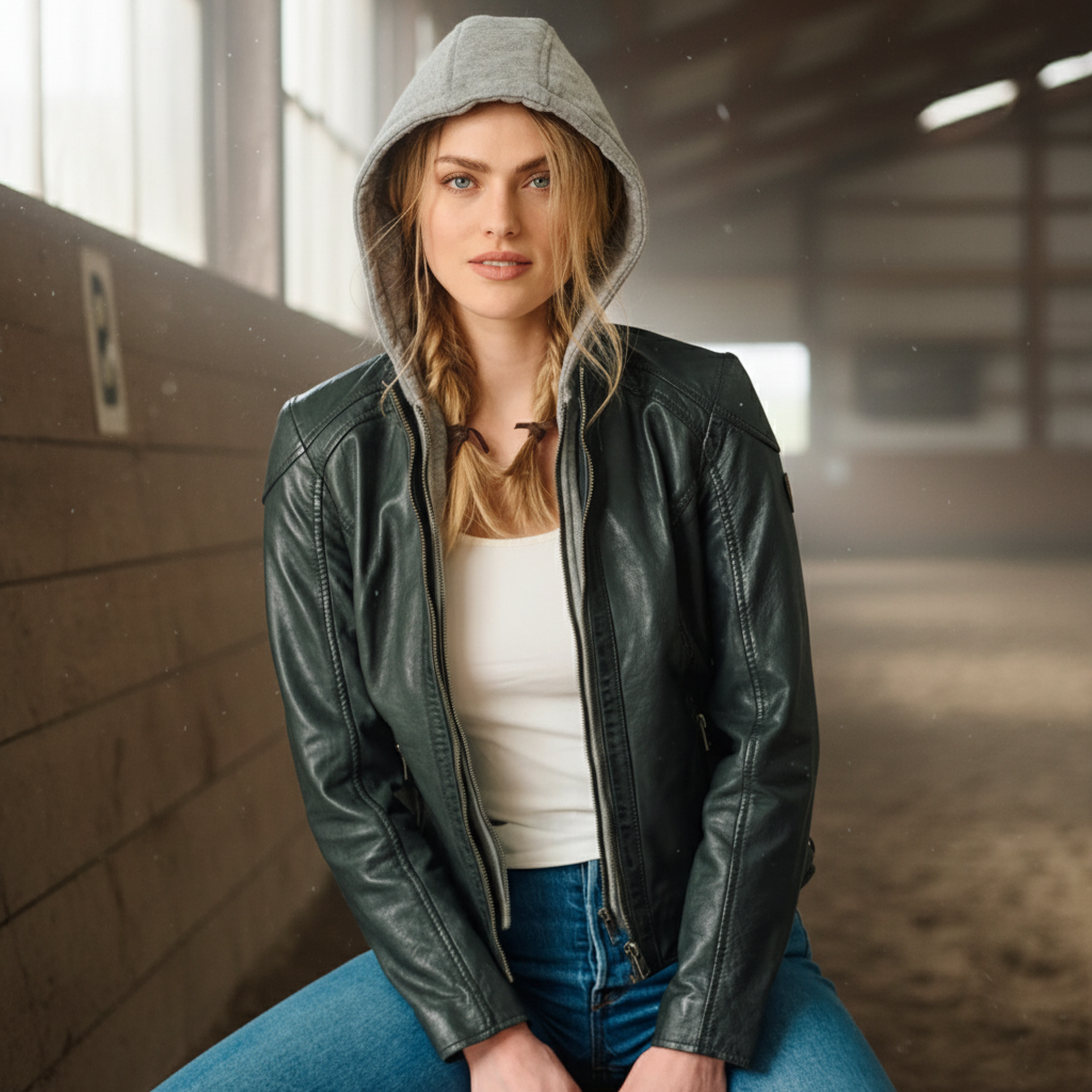 Image of Person wearing a black leather jacket with a gray hood on a plain background