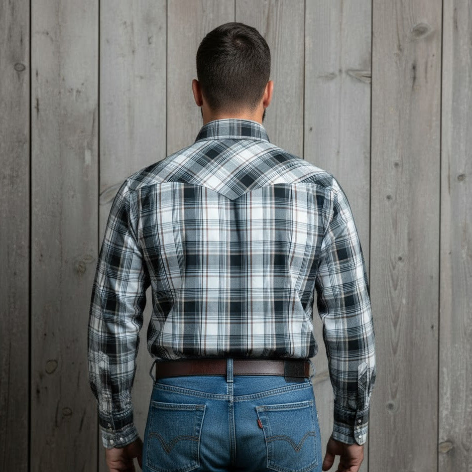 Image of Snap Plaid Shirt - Black - Orange - Men