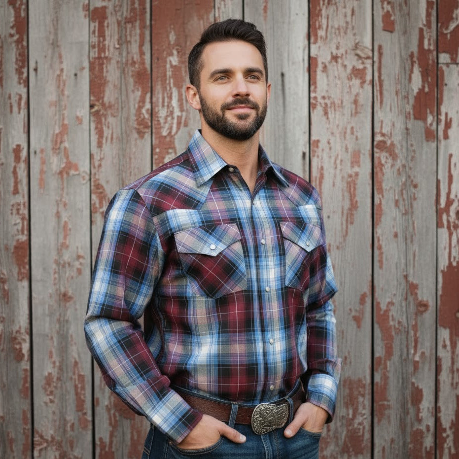Image of Snap Plaid Shirt - Wine - Men