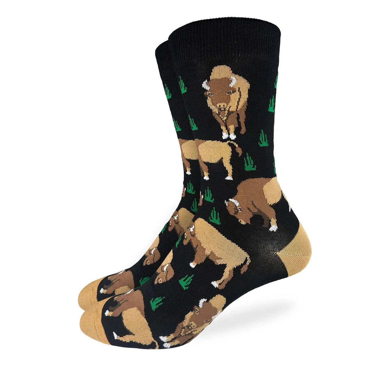 Image of Men’s black crew socks with an all over bison print for a bold western and outdoors inspired style.