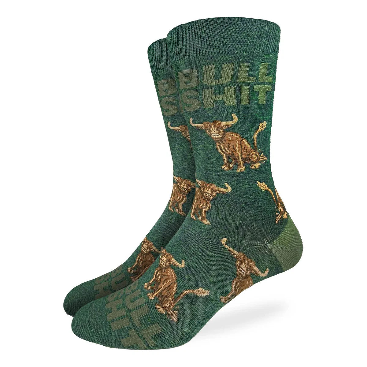 Image of Men’s deep green socks with a bull pattern and bold novelty lettering for a humorous everyday style.