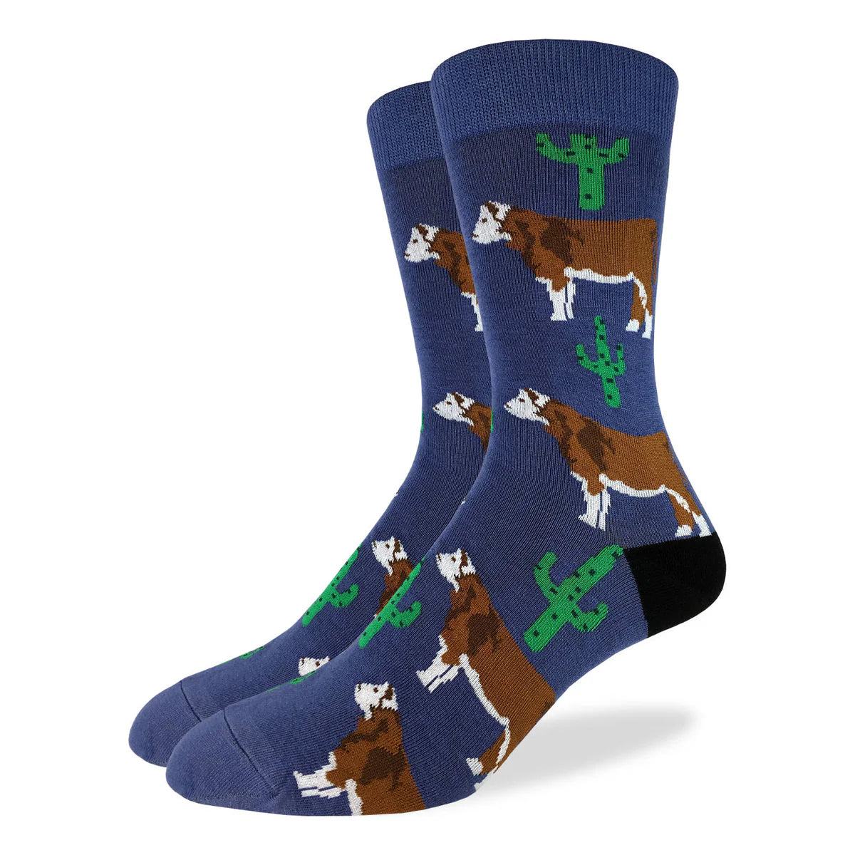 Image of Men’s blue crew socks with an all over cow and cactus print for a fun western inspired style.