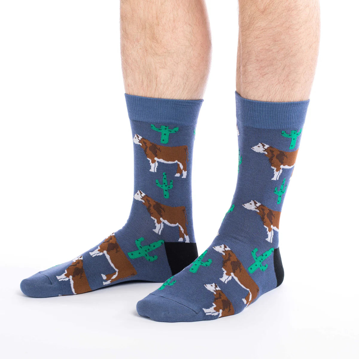 Image of Men’s blue crew socks with a playful cow and cactus pattern, shown worn for an everyday western inspired look.