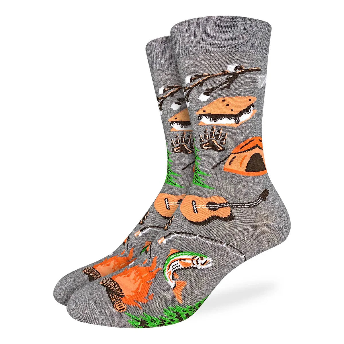 Image of Men’s heather grey crew socks with an all over camping themed print for a fun and adventurous everyday style.