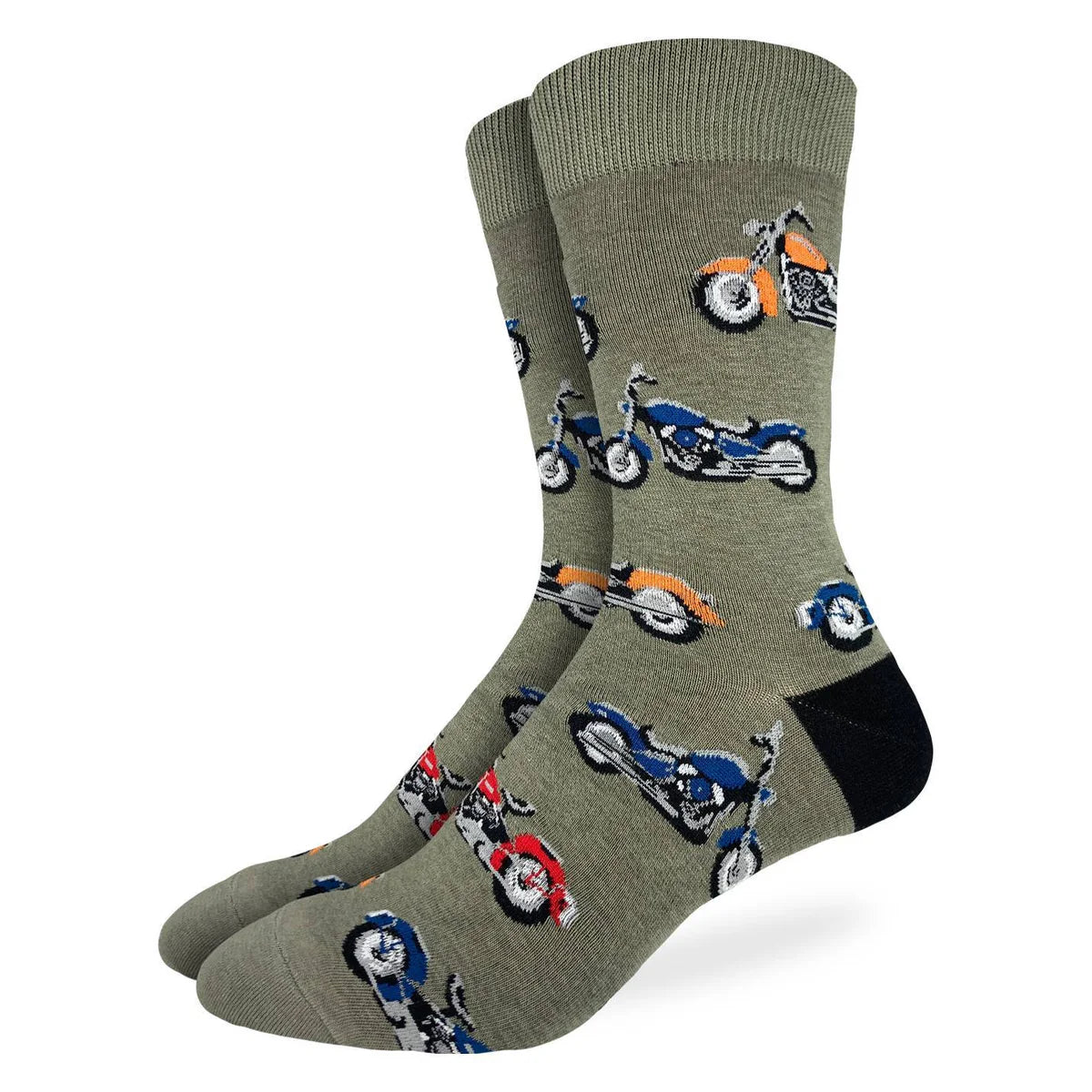 Image of Men’s olive green crew socks with an all over chopper motorcycle print for a classic road inspired style.
