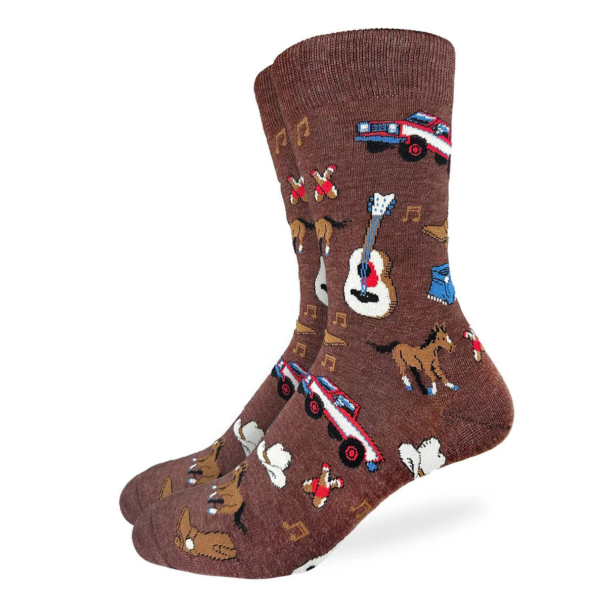 Image of Men’s brown crew socks with an all over country music print featuring guitars, hats, horses, and trucks