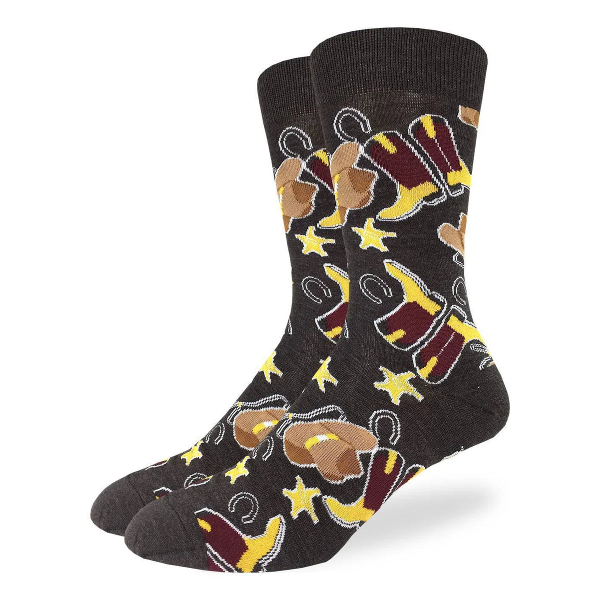 Image of Men’s dark crew socks with a fun cowboy pattern featuring boots, hats, horseshoes, and stars.