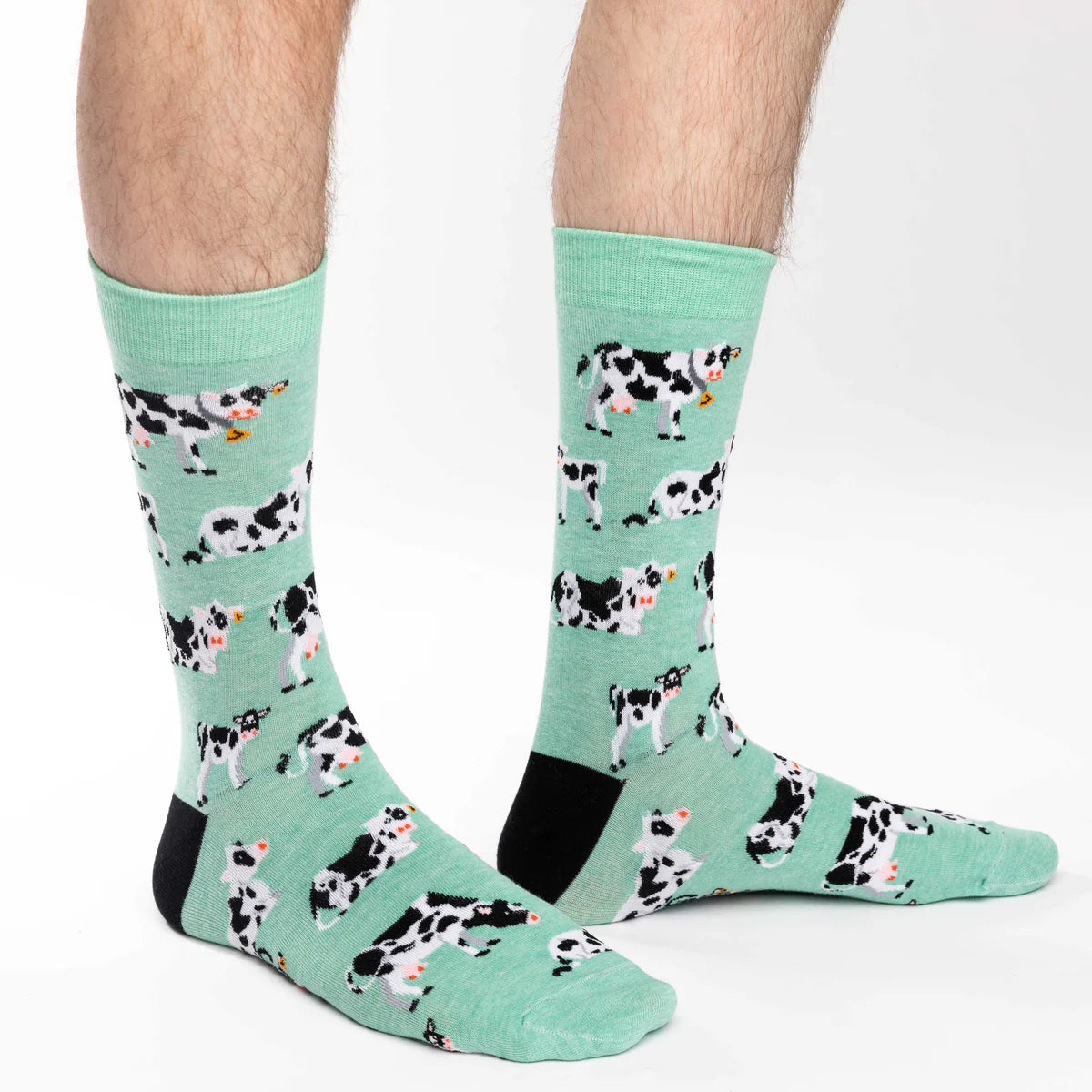 Image of Men’s mint green crew socks with a playful cow pattern, shown worn for a fun farm inspired look.
