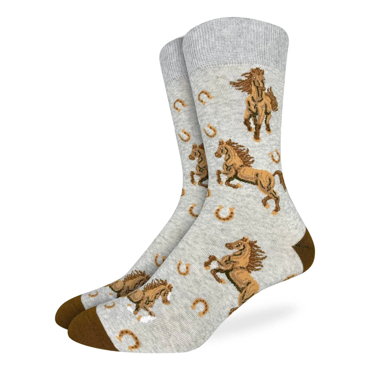Image of Men’s heather grey crew socks with an all over horse and horseshoe print for a timeless western inspired style.