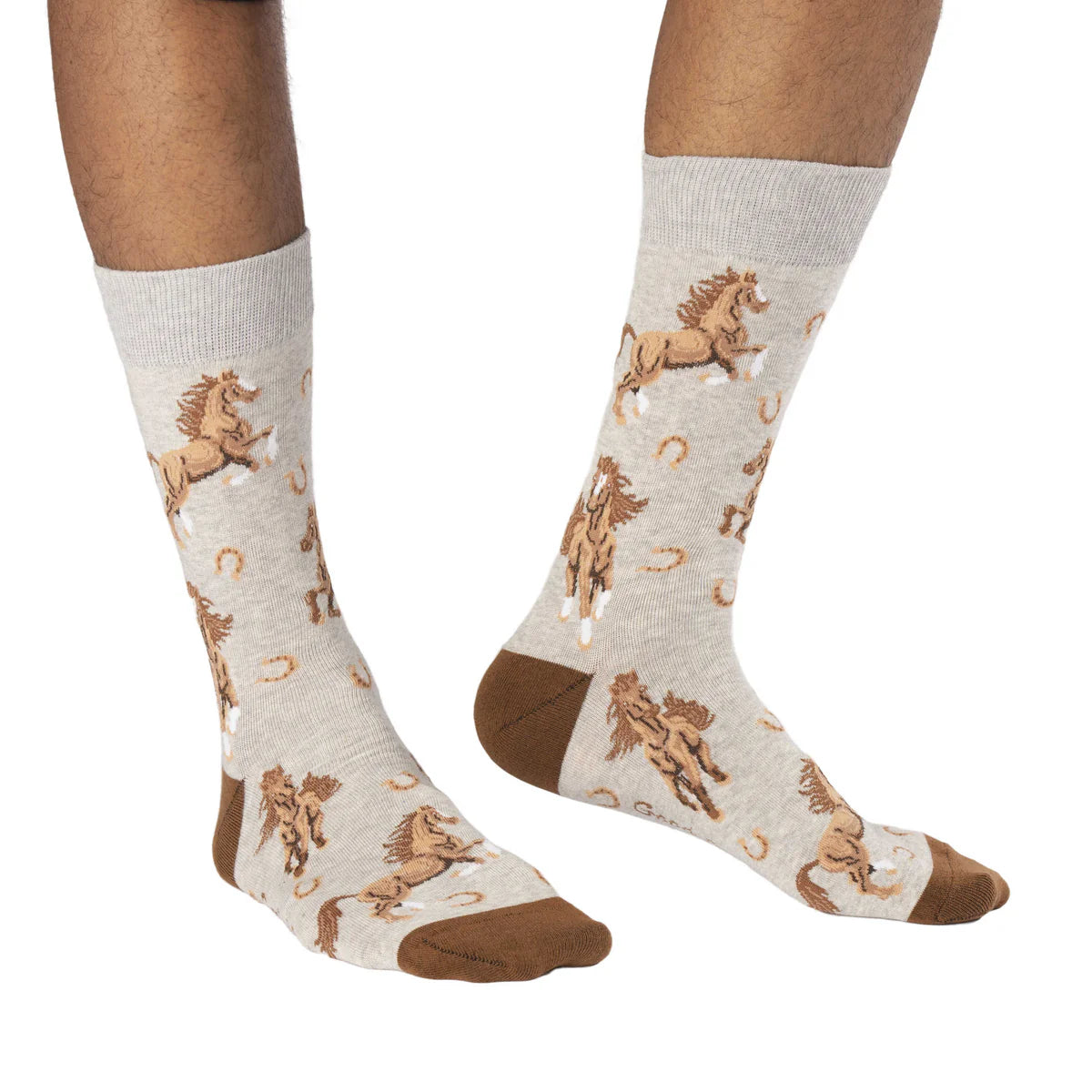 Image of Men’s heather grey crew socks with a horse and horseshoe pattern, shown worn for a classic western inspired look.