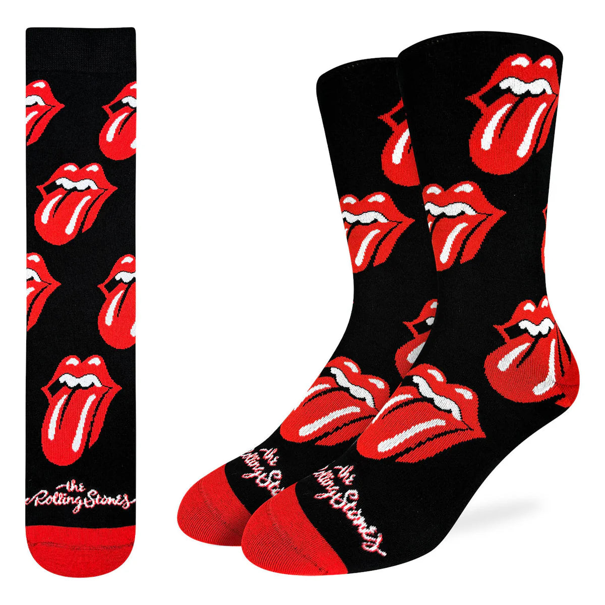 Image of Men’s black socks with the iconic Rolling Stones tongue logo and bold red accents for a classic rock inspired style.