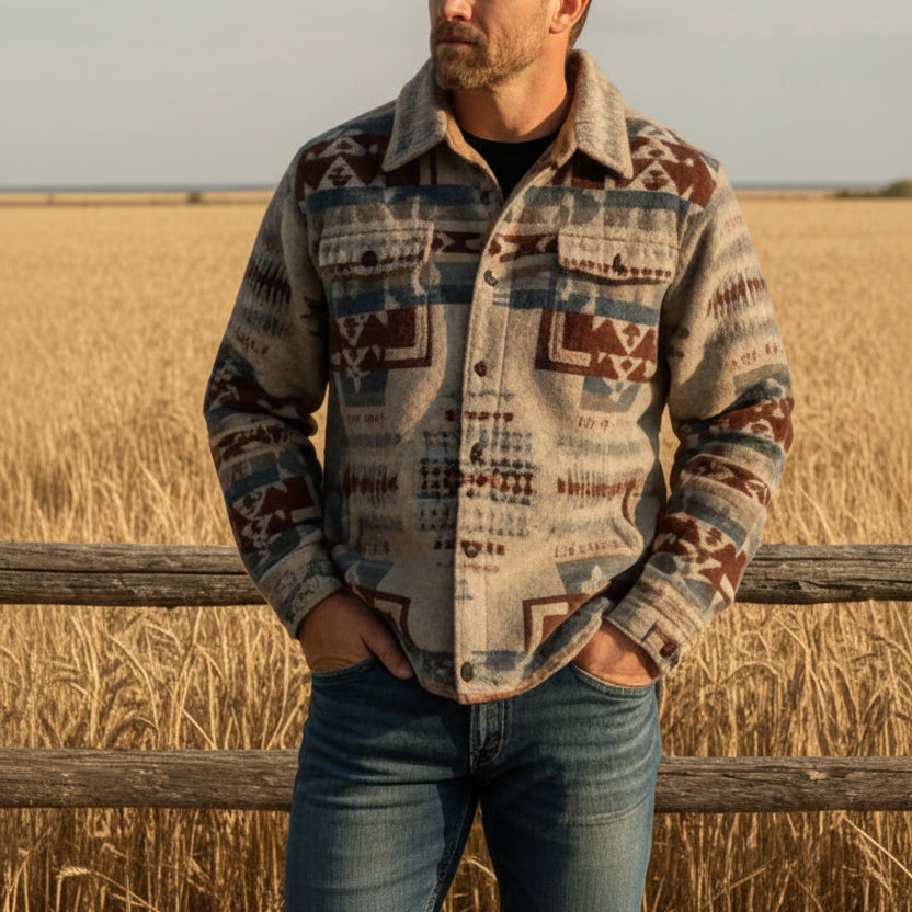 Image of A man wearing a beige cowboy hat and a long-sleeve button-up shirt with a Southwestern geometric pattern in beige, brown, blue, and red, paired with blue jeans, set against a solid beige background.