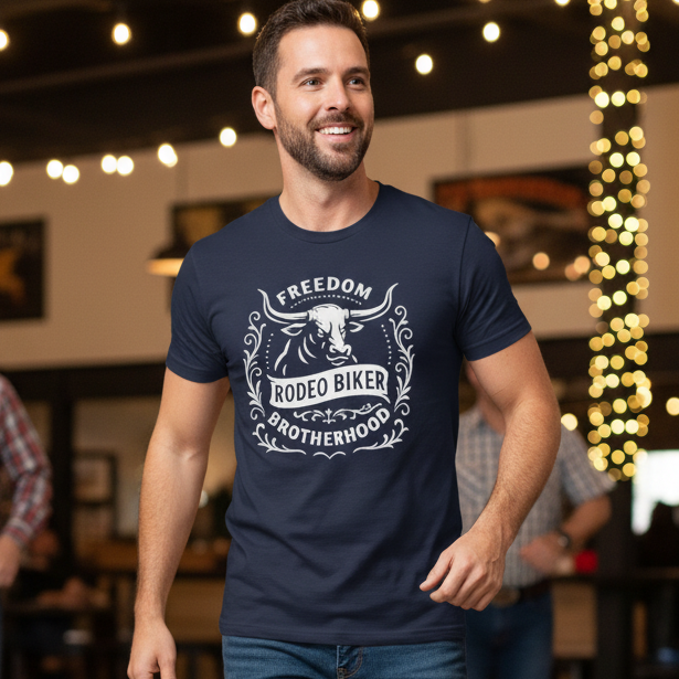 Image of Man wearing a navy blue t-shirt with 'Freedom Rodeo Biker Brotherhood' design in a casual setting.