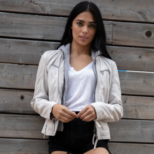 Image of Off white leather jacket with a removable grey fleece hood and zip front for a versatile everyday look.
