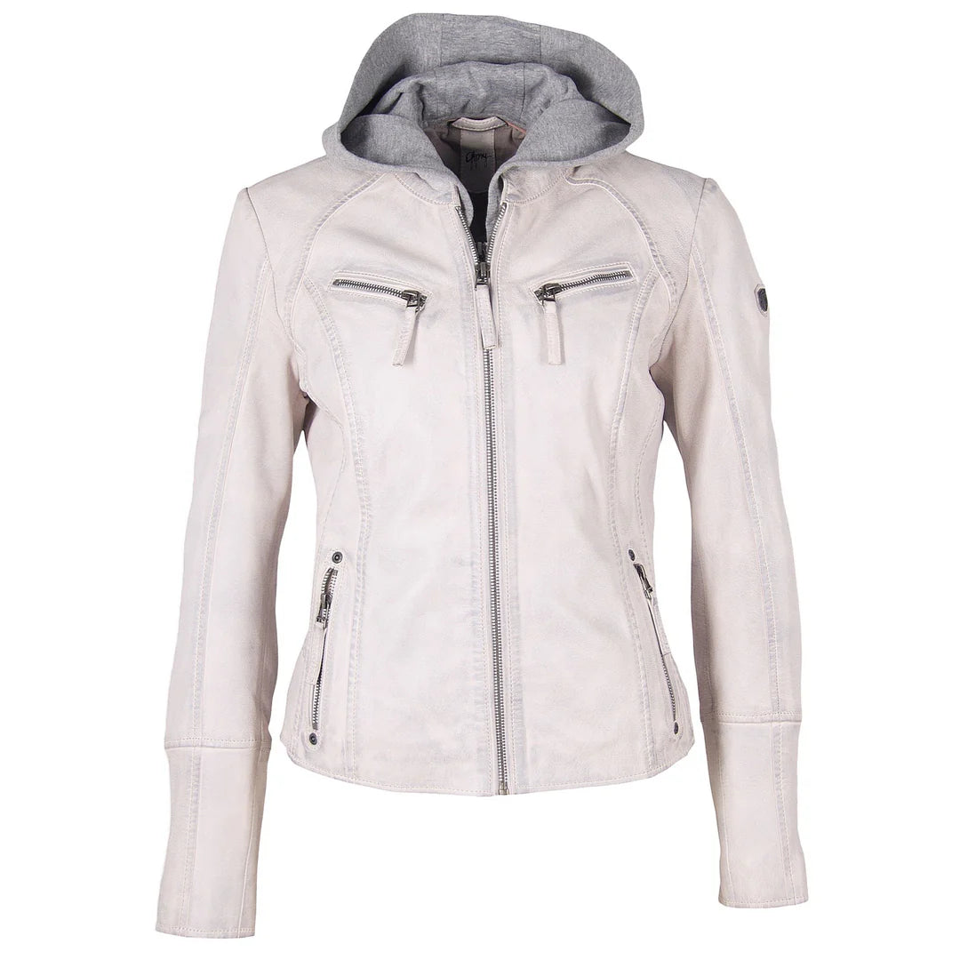 Image of Off white leather jacket with a removable grey fleece hood, zip front, and multiple zip pockets for a versatile everyday style.