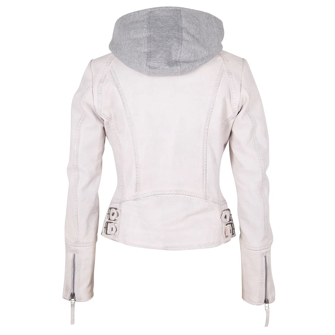 Image of Off white leather jacket with a removable grey fleece hood, back buckle details, and a sleek fitted silhouette.