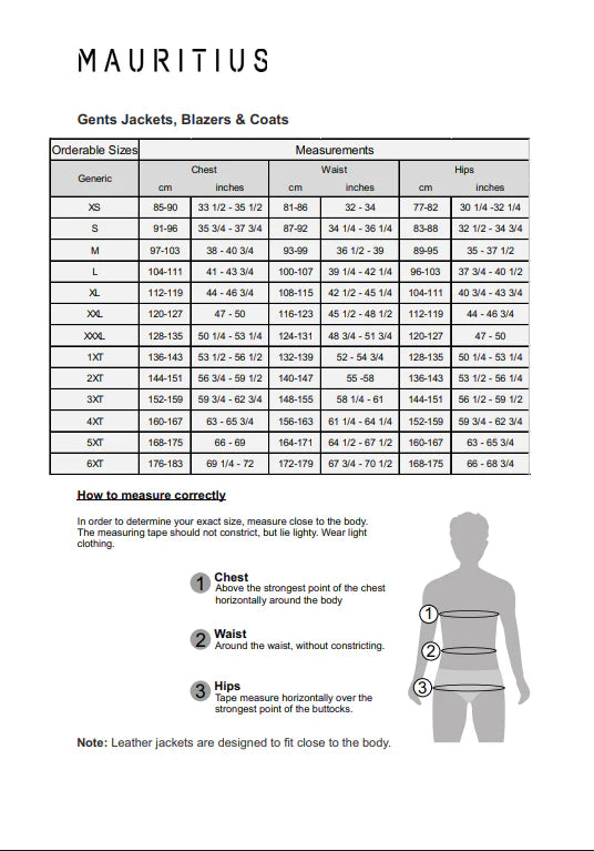 Image of Measurement chart for men's jackets, blazers, and coats by Mauritius on a white background.