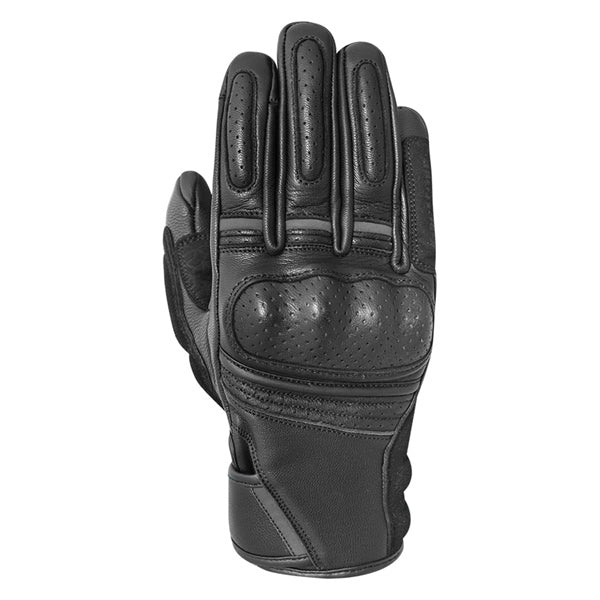 Image of Black leather glove with perforated design on a white background