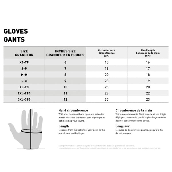 Image of Glove size chart with measurements in inches, centimeters, and hand length.