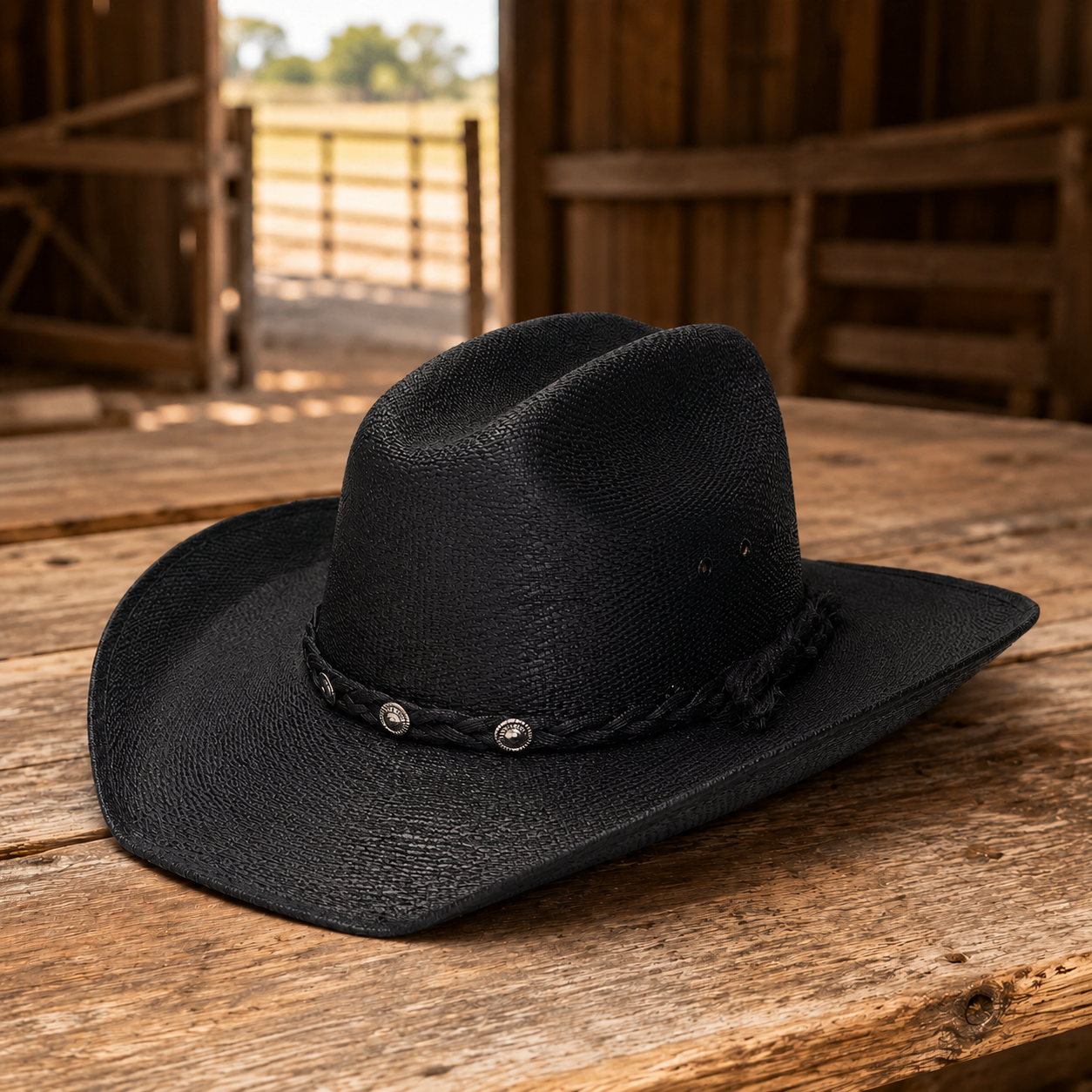 Image of Black Palm Straw Western Hat with Cattleman Crease and Upturned Brim