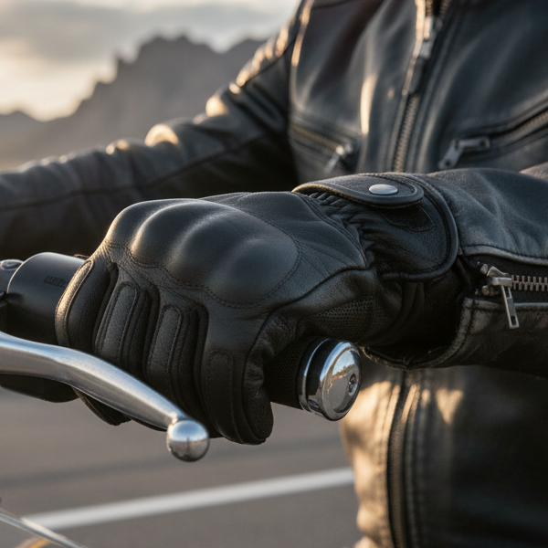 Image of Person wearing leather jacket and gloves on a motorcycle with a scenic background