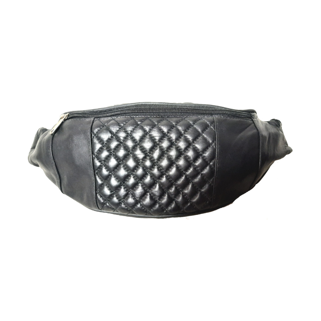 Image of Black quilted fanny pack on a white background