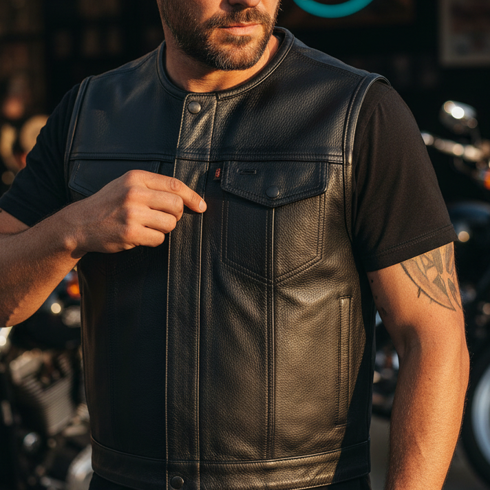 Image of Man wearing a leather vest in a motorcycle-themed setting