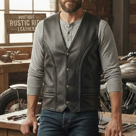 Image of Man standing in a workshop with tools and a motorcycle.