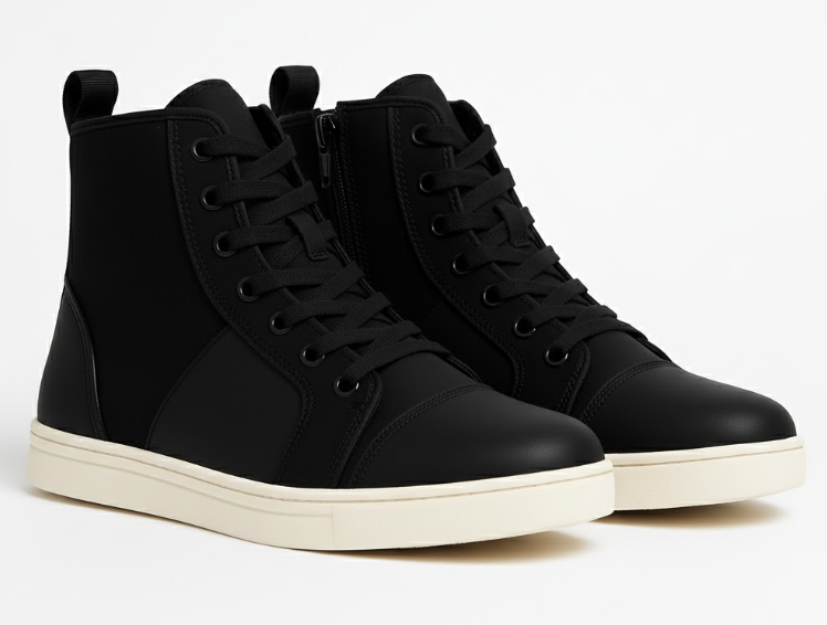 Image of Pair of black high-top sneakers with white soles on a light gray background