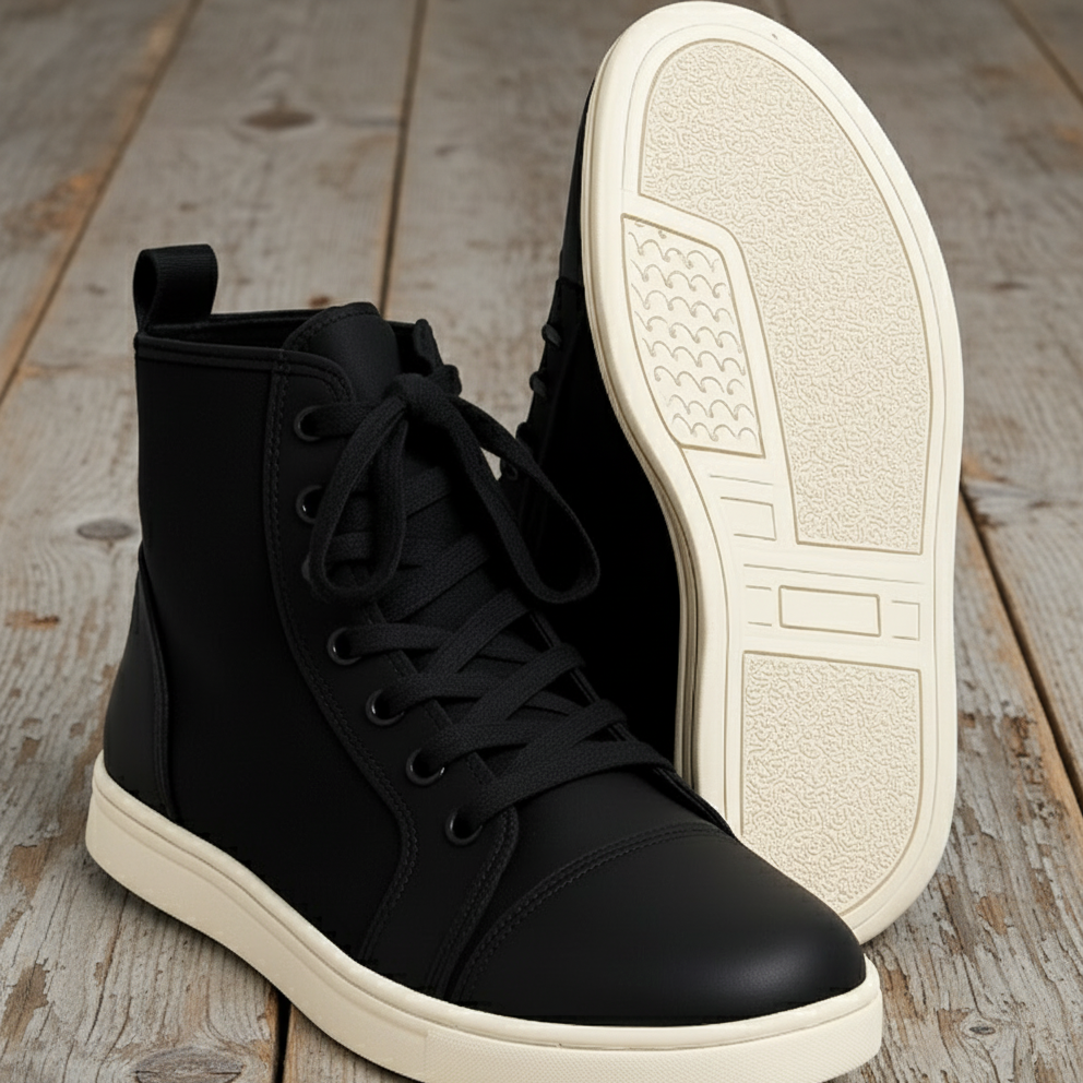 Image of Black high-top sneakers with white soles on a light gray background
