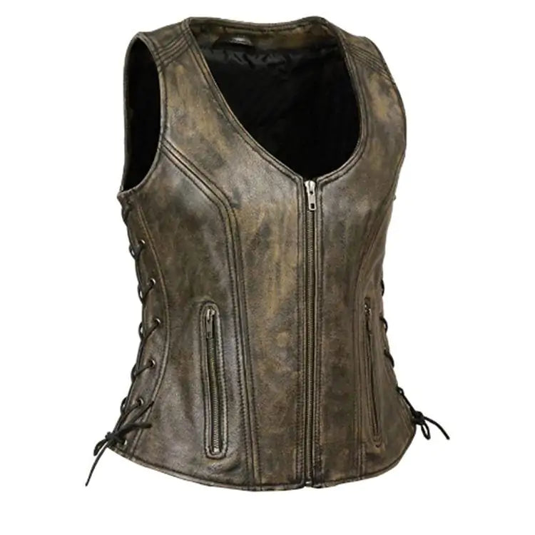 Image of Brown leather vest with lace-up front and zipper details on a white background