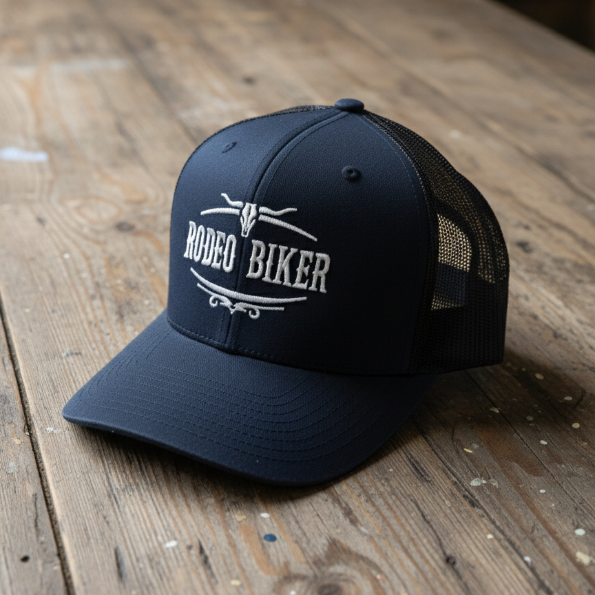 Image of Black cap with 'Rodeo Biker' text on a wooden surface