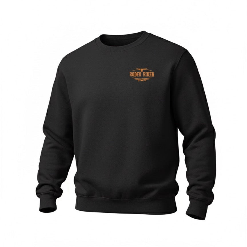 Image of Black sweatshirt with orange logo on a white background
